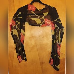 Red & Black Floral Chiffon Scarf, 60"L
